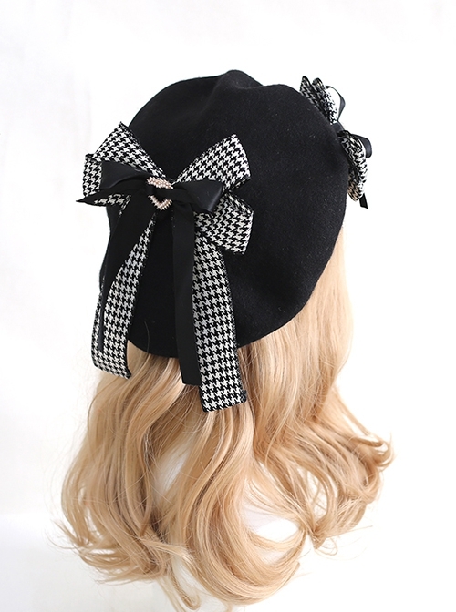Black Houndstooth Bowknot Spring Beret Ladylike Style Sweet Lolita Hat
