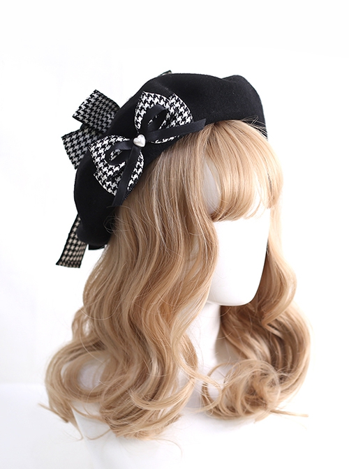 Black Houndstooth Bowknot Spring Beret Ladylike Style Sweet Lolita Hat