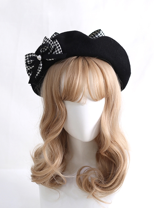 Black Houndstooth Bowknot Spring Beret Ladylike Style Sweet Lolita Hat