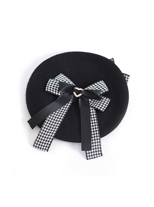 Black Houndstooth Bowknot Spring Beret Ladylike Style Sweet Lolita Hat