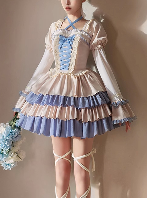 Confession Series OP Vintage Elegant Ballet Style Layered Hem Classic Lolita Short Sleeved Dress Set