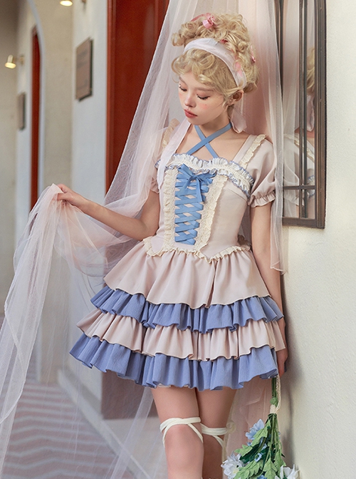 Confession Series OP Vintage Elegant Ballet Style Layered Hem Classic Lolita Short Sleeved Dress Set