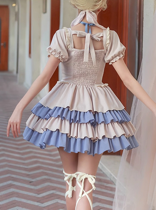 Confession Series OP Vintage Elegant Ballet Style Layered Hem Classic Lolita Short Sleeved Dress Set