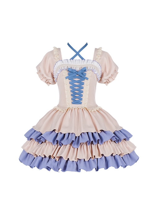 Confession Series OP Vintage Elegant Ballet Style Layered Hem Classic Lolita Short Sleeved Dress Set