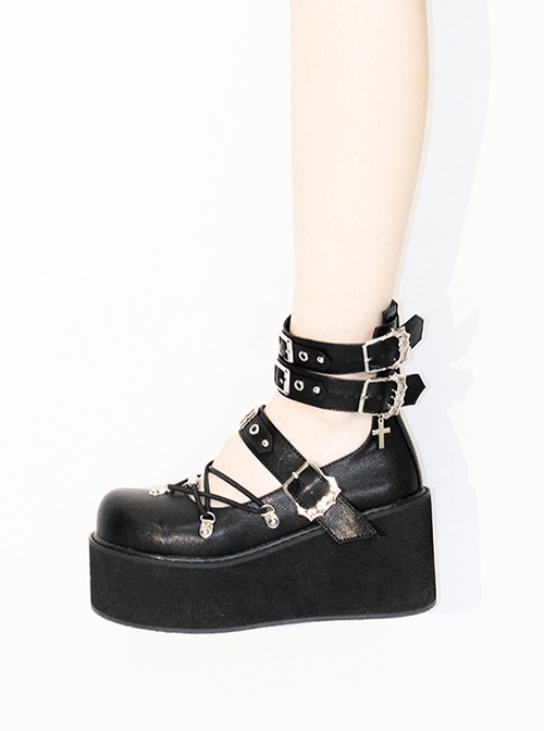 Black Matte Lace-Up Hollow PU Metal Buckle Round Toe Cool Girl Punk Lolita Shoes