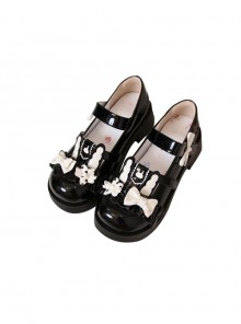 Cute Girly Bowknot Rabbit Ear Decoration Round Toe Student Daily PU Sweet Lolita Shoes