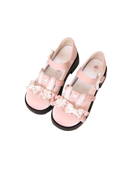 Cute Girly Bowknot Rabbit Ear Decoration Round Toe Student Daily PU Sweet Lolita Shoes
