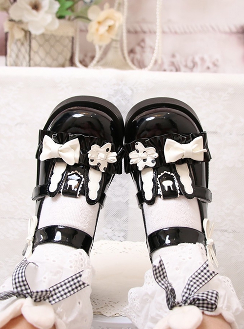 Cute Girly Bowknot Rabbit Ear Decoration Round Toe Student Daily PU Sweet Lolita Shoes