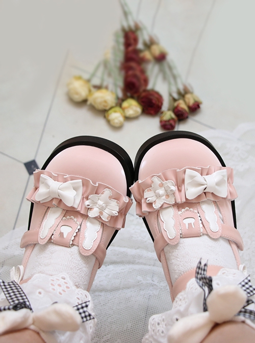 Cute Girly Bowknot Rabbit Ear Decoration Round Toe Student Daily PU Sweet Lolita Shoes