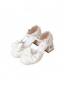 Sweet Elegant Pure Color Square Toe Bowknot Decorated Chunky Heel Hollow Love Sweet Lolita Shoes