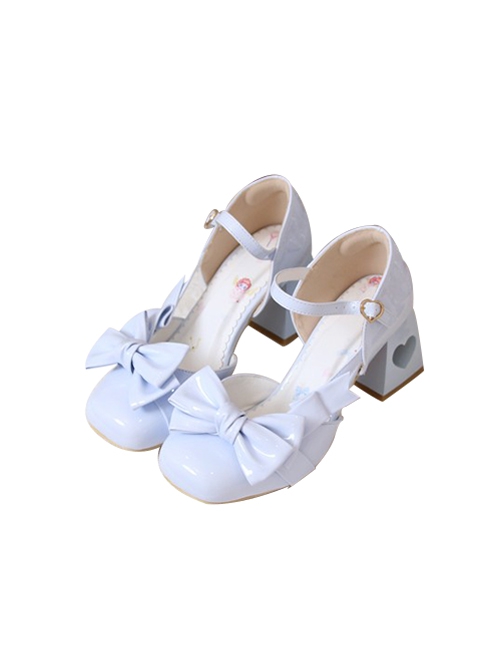 Sweet Elegant Pure Color Square Toe Bowknot Decorated Chunky Heel Hollow Love Sweet Lolita Shoes