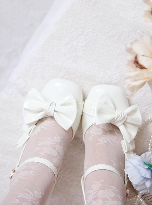 Sweet Elegant Pure Color Square Toe Bowknot Decorated Chunky Heel Hollow Love Sweet Lolita Shoes