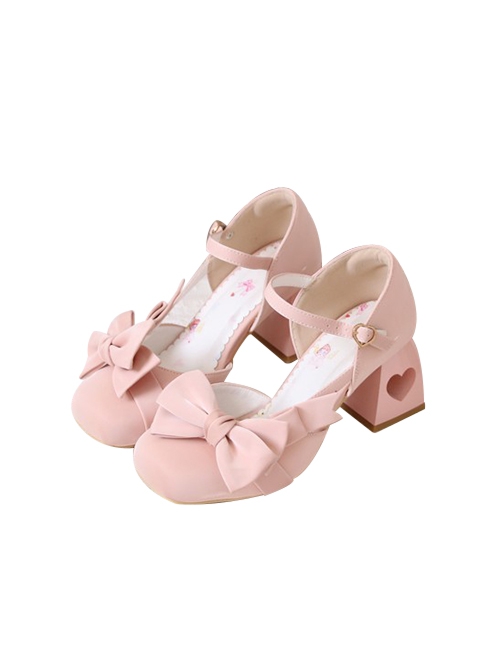 Pink Sweet Elegant Square Toe Hollow Love Chunky Heel Bowknot Decoration Sweet Lolita Shoes