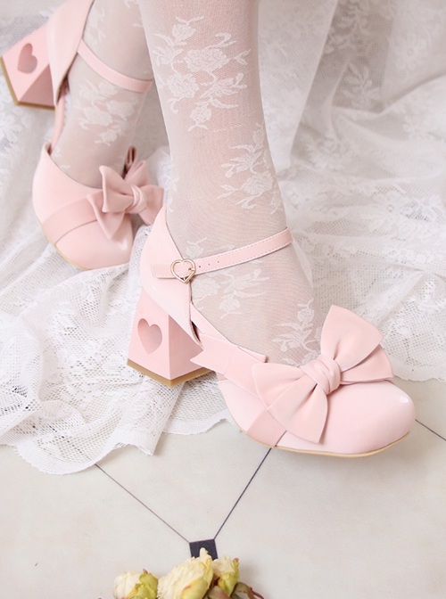 Pink Sweet Elegant Square Toe Hollow Love Chunky Heel Bowknot Decoration Sweet Lolita Shoes