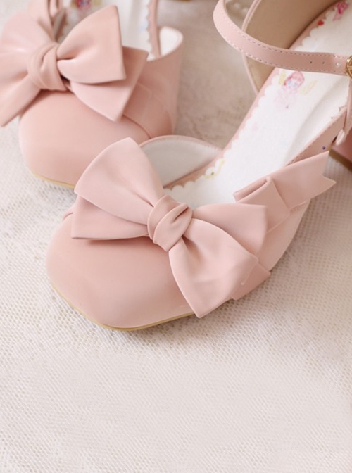 Pink Sweet Elegant Square Toe Hollow Love Chunky Heel Bowknot Decoration Sweet Lolita Shoes