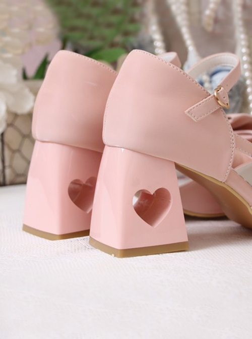 Pink Sweet Elegant Square Toe Hollow Love Chunky Heel Bowknot Decoration Sweet Lolita Shoes