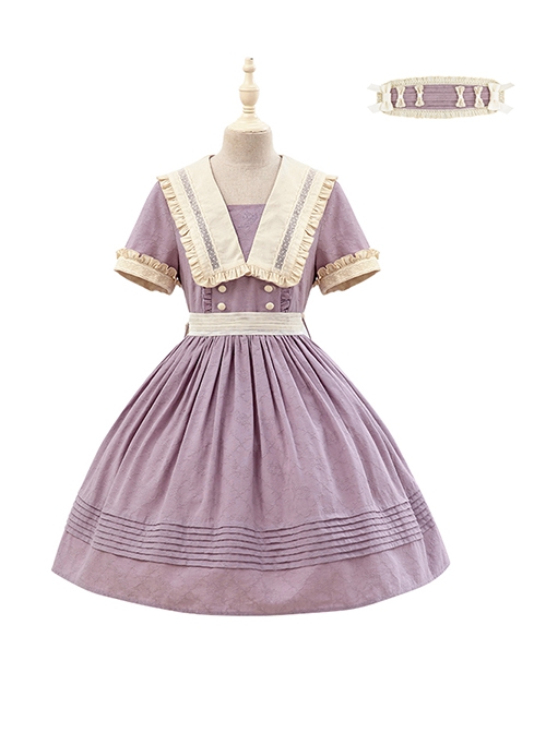 August Night Series Pure Color OP Sailor Collar Lace Cuff Classic Lolita Short Sleeve Dress Set