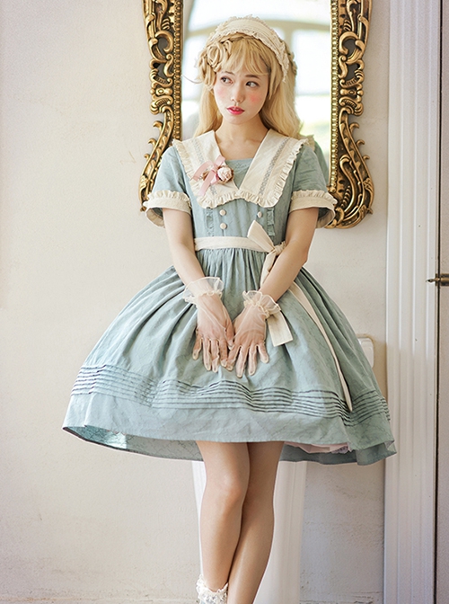 August Night Series Pure Color OP Sailor Collar Lace Cuff Classic Lolita Short Sleeve Dress Set