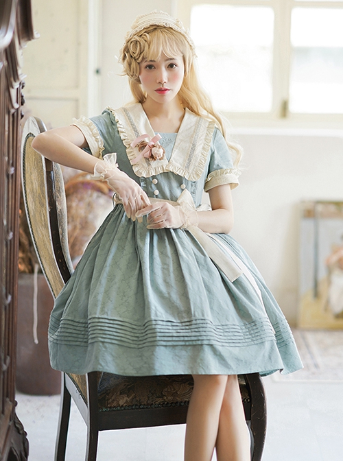 August Night Series Pure Color OP Sailor Collar Lace Cuff Classic Lolita Short Sleeve Dress Set