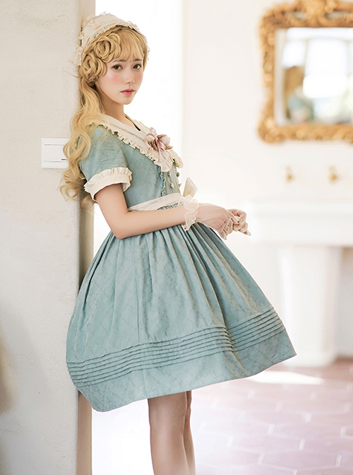 August Night Series Pure Color OP Sailor Collar Lace Cuff Classic Lolita Short Sleeve Dress Set