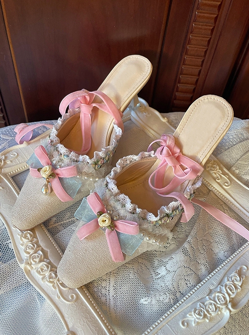 Ballet Style Elegant Lace Pink Velvet Bowknot Rose Classic Lolita Lace Up Sandals