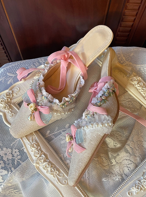 Ballet Style Elegant Lace Pink Velvet Bowknot Rose Classic Lolita Lace Up Sandals
