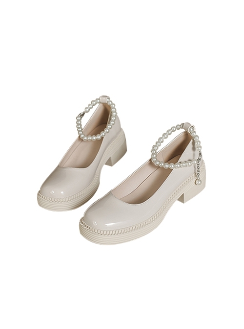 Retro Elegant College Style Daily Simple Square Toe Bead Chain Decorated Mary Jane Shoes Classic Lolita Shoes