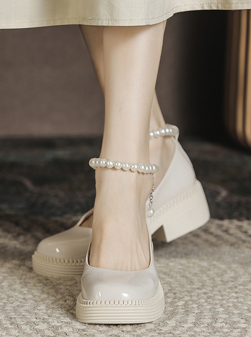 Retro Elegant College Style Daily Simple Square Toe Bead Chain Decorated Mary Jane Shoes Classic Lolita Shoes