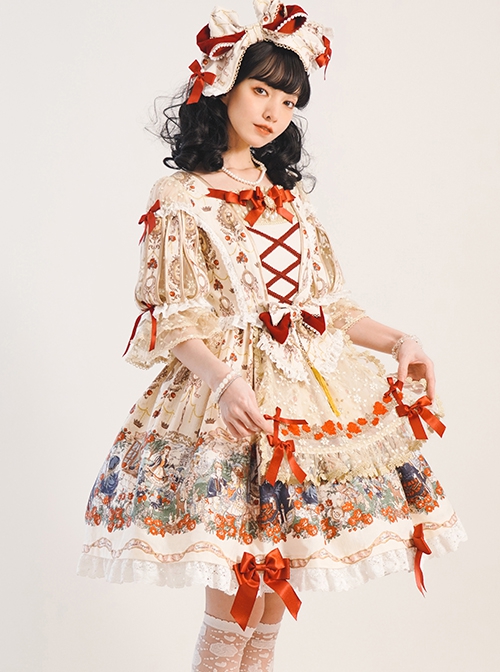 Printed Snow White Apron Series OP Printed Hem Lantern Puff Sleeve Sweet Lolita Short Sleeve Dress Set