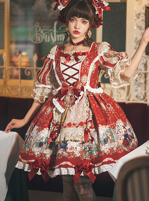 Printed Snow White Apron Series OP Printed Hem Lantern Puff Sleeve Sweet Lolita Short Sleeve Dress Set