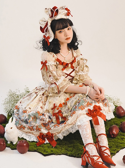Printed Snow White Apron Series OP Printed Hem Lantern Puff Sleeve Sweet Lolita Short Sleeve Dress Set