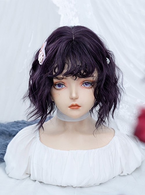 Purple Long Curly Bangs Water Ripple Cute Girl Short Curly Hair Sweet Lolita Wig