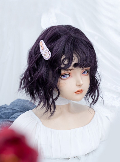 Purple Long Curly Bangs Water Ripple Cute Girl Short Curly Hair Sweet Lolita Wig