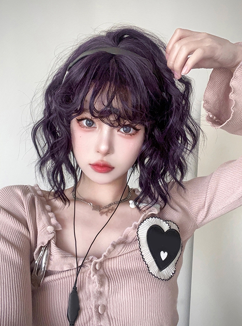 Purple Long Curly Bangs Water Ripple Cute Girl Short Curly Hair Sweet Lolita Wig