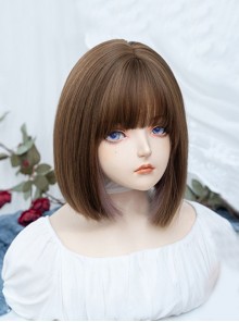 Cute Girl Light Brown Mixed Color Pink Hanging Ear Dyed Qi Bangs Short Straight Hair Sweet Lolita Wig