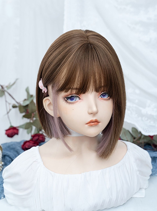 Cute Girl Light Brown Mixed Color Pink Hanging Ear Dyed Qi Bangs Short Straight Hair Sweet Lolita Wig