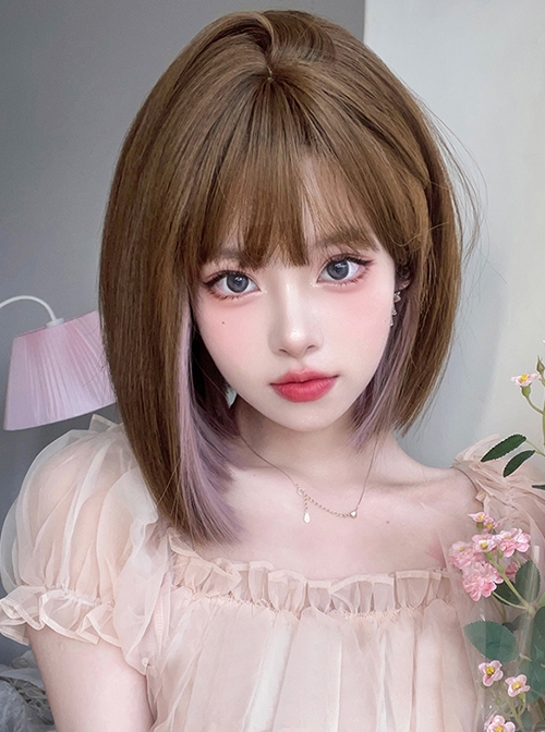 Cute Girl Light Brown Mixed Color Pink Hanging Ear Dyed Qi Bangs Short Straight Hair Sweet Lolita Wig