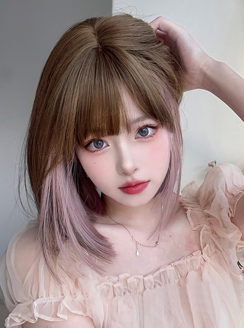 Cute Girl Light Brown Mixed Color Pink Hanging Ear Dyed Qi Bangs Short Straight Hair Sweet Lolita Wig