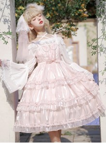 Star Yarn Love Song Series JSK Pure Color Three Stage Cake Hem Oversized Bowknot Trailing Classic Lolita Sleeveless Dress