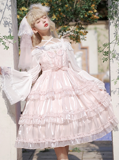 Star Yarn Love Song Series JSK Pure Color Three Stage Cake Hem Oversized Bowknot Trailing Classic Lolita Sleeveless Dress