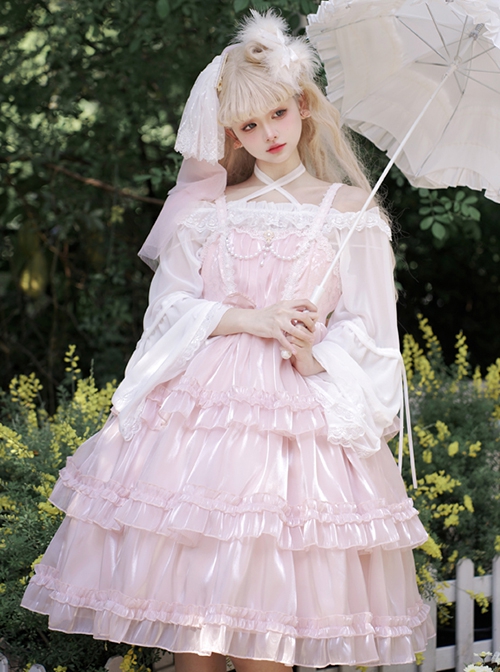 Star Yarn Love Song Series JSK Pure Color Three Stage Cake Hem Oversized Bowknot Trailing Classic Lolita Sleeveless Dress