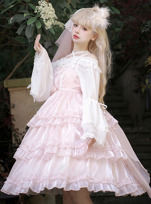 Star Yarn Love Song Series JSK Pure Color Three Stage Cake Hem Oversized Bowknot Trailing Classic Lolita Sleeveless Dress