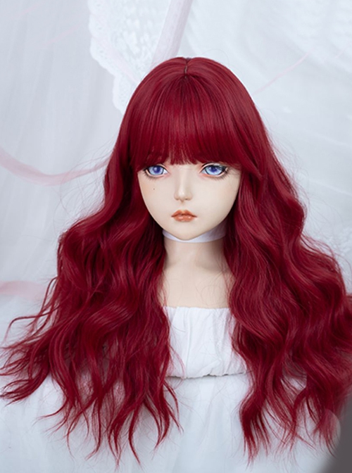 Sweet Cool Girl Red Air Bangs Long Curly Hair Daily Natural Sweet Lolita Wig