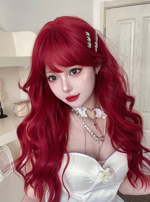 Sweet Cool Girl Red Air Bangs Long Curly Hair Daily Natural Sweet Lolita Wig