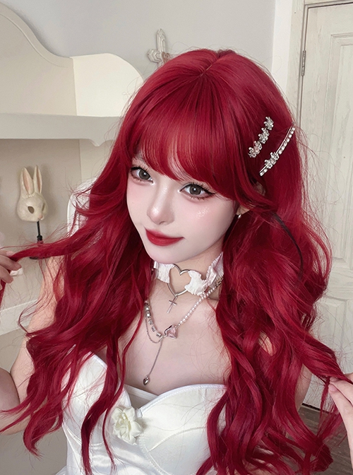 Sweet Cool Girl Red Air Bangs Long Curly Hair Daily Natural Sweet Lolita Wig