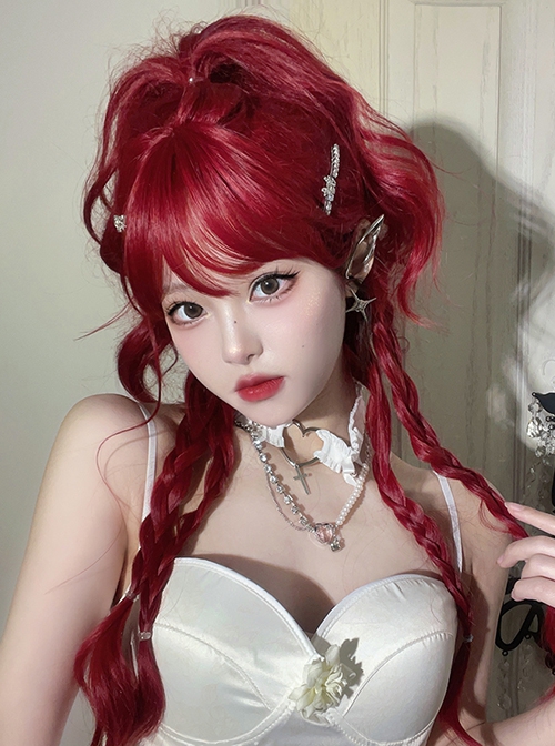 Sweet Cool Girl Red Air Bangs Long Curly Hair Daily Natural Sweet Lolita Wig
