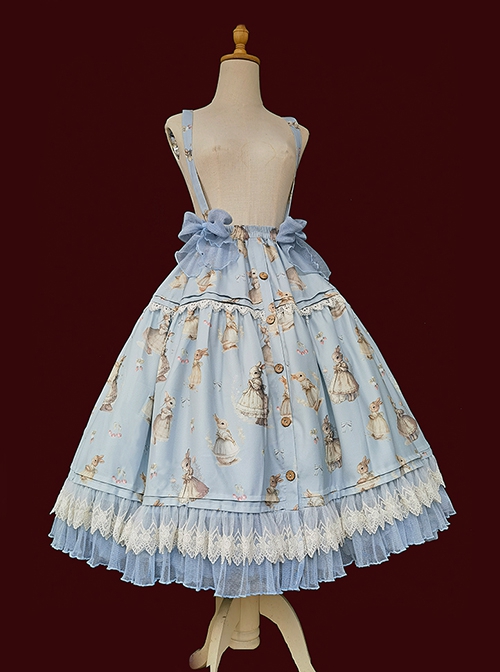 Miss Rabbit Dance Song Series Small Flying Sleeve Rabbit Printed Top Lace Hem Skirt Classic Lolita Sleeveless Top Skirt Set