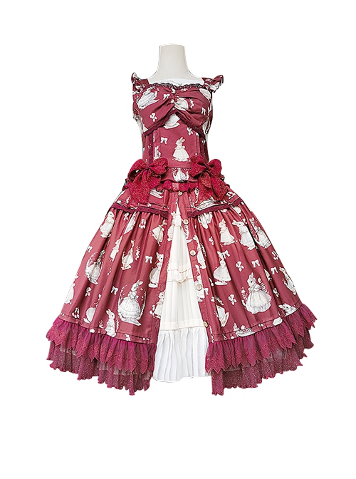 Miss Rabbit Dance Song Series Small Flying Sleeve Rabbit Printed Top Lace Hem Skirt Classic Lolita Sleeveless Top Skirt Set