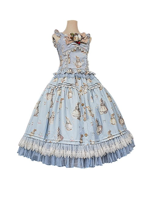 Miss Rabbit Dance Song Series Small Flying Sleeve Rabbit Printed Top Lace Hem Skirt Classic Lolita Sleeveless Top Skirt Set