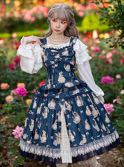 Miss Rabbit Dance Song Series Small Flying Sleeve Rabbit Printed Top Lace Hem Skirt Classic Lolita Sleeveless Top Skirt Set